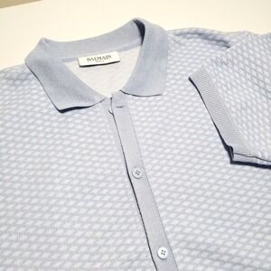 Balmain Mens ~XL Short Sleeve Button Blue Sweater
